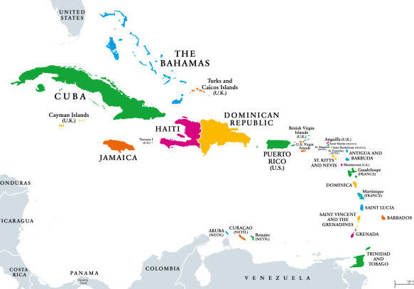 istockphoto-1406561967-612x612 The Caribbean, colored political map. Subregion of the Americas in the Caribbean Sea with its islands and English names. The Greater Antilles and the Lesser Antilles. Isolated illustration over white.